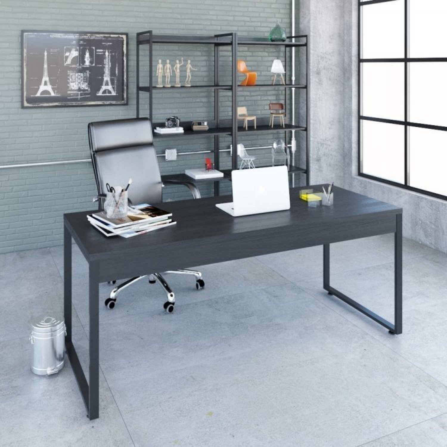 Conjunto Home Office 2 Peças Mesa Diretor Industrial 180cm e Estante 5 Prateleiras Compace - 12