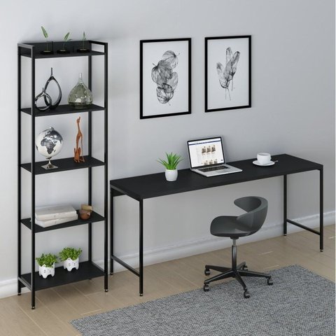 Conjunto Escritório 2 Peças Mesa Diretor Industrial 180cm e Estante 5 Prateleiras Preto Onix