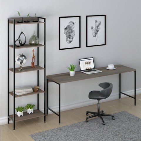Conjunto Escritório 2 Peças Mesa Diretor Industrial 180cm e Estante 5 Prateleiras Nogal Marrom