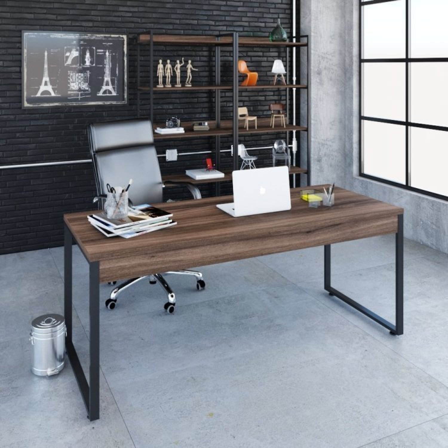 Conjunto Home Office 2 Peças Mesa Diretor Industrial 180cm e Estante 5 Prateleiras  - 13