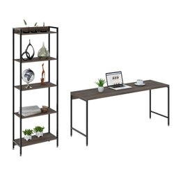 Conjunto Escritório 2 Peças Mesa Diretor Industrial 180cm e Estante 5 Prateleiras Nogal Marrom - 2 Conjunto Escritório 2 Peças Mesa Diretor Industrial 180cm e Estante 5 Prateleiras Nogal Marrom - 2