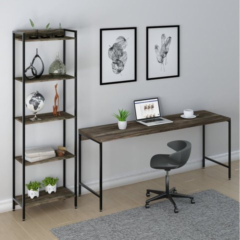 Conjunto Escritório 2 Peças Mesa Diretor Industrial 180cm e Estante 5 Prateleiras Carvalho Dark