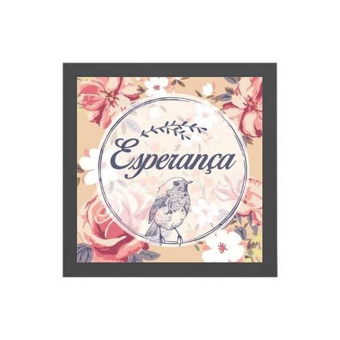 Quadro Quadrado Esperança Floral Pássaro 20x20cm:Madeira branca