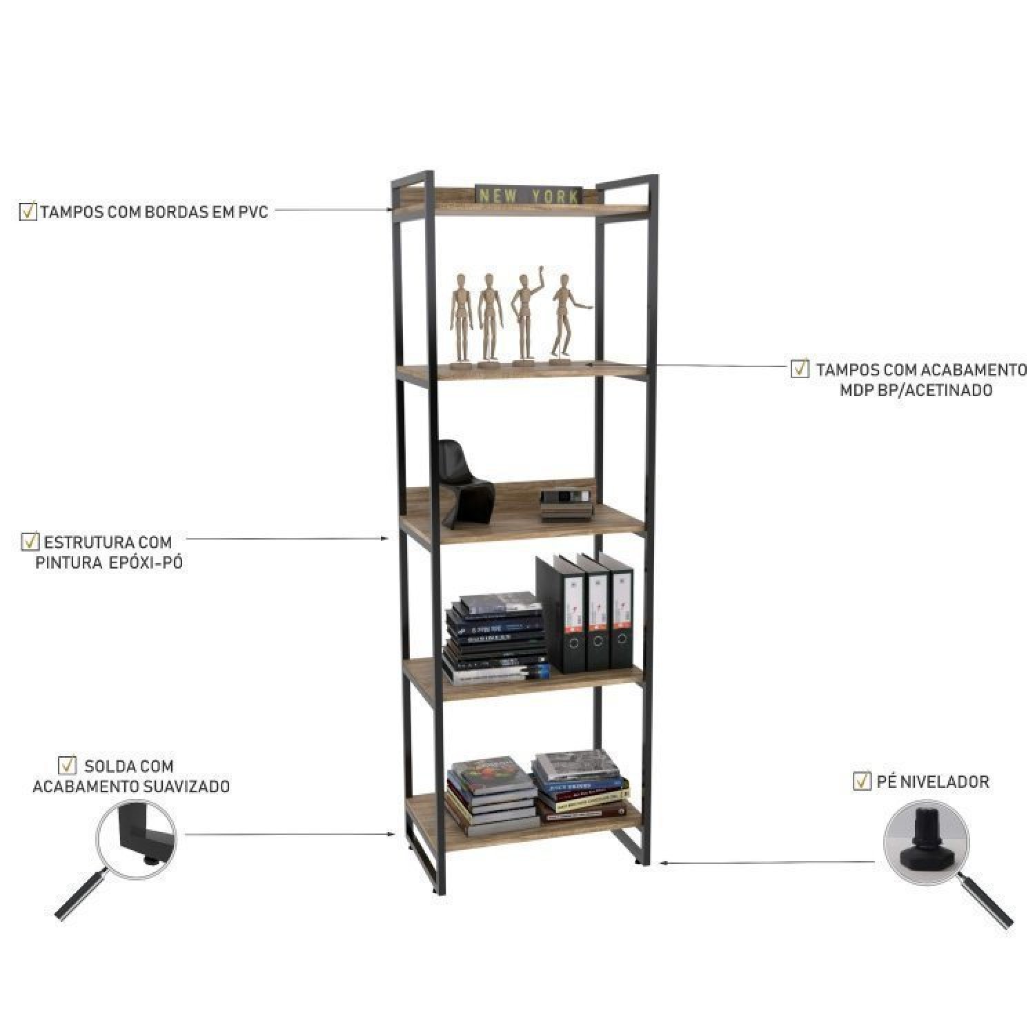 Conjunto Escritório 2 Peças Mesa Diretor Industrial 180cm e Estante 5 Prateleiras  - 18