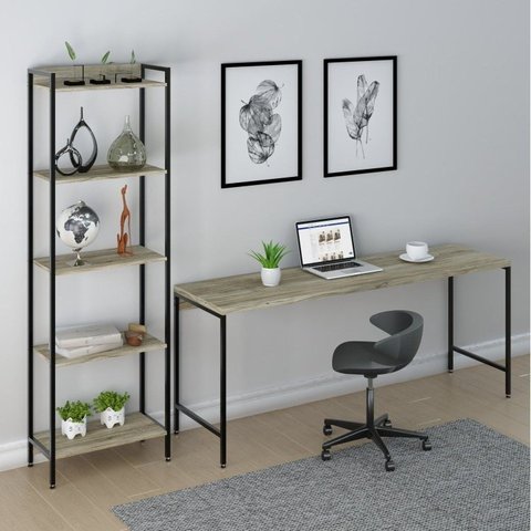 Conjunto Escritório 2 Peças Mesa Diretor Industrial 180cm e Estante 5 Prateleiras Carvalho Marrom