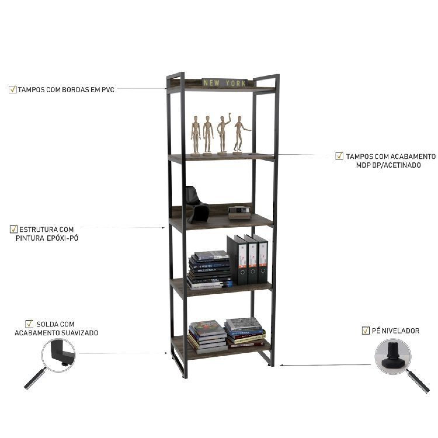 Conjunto Escritório 2 Peças Mesa Diretor Industrial 180cm e Estante 5 Prateleiras  - 8