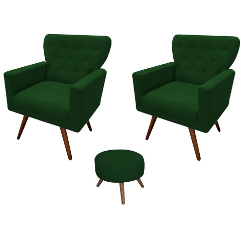 Kit 2 Poltronas Decorativa Aurora + 1 Puff Redondo Suede Verde Pés Madeira Ms Decor