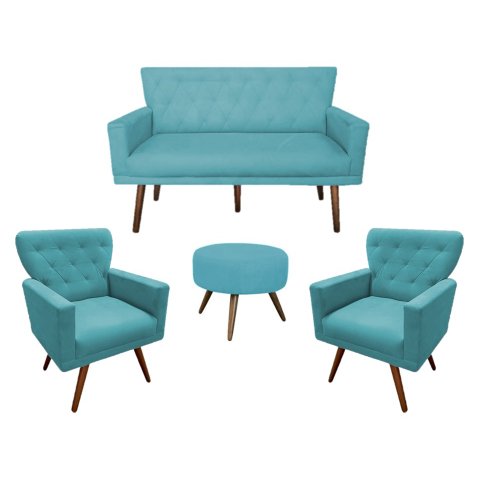 Kit Namoradeira + 2 Poltronas Decorativa Aurora + Puff Redondo Suede Azul Tifany Pés Madeira Mz Deco