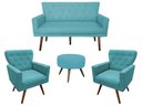 Ver imagem 1 de Kit Namoradeira + 2 Poltronas Decorativa Aurora + Puff Redondo Suede Azul Tifany Pés Madeira Mz Deco