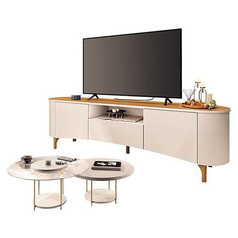 Rack Bancada Elara Off White Cinamomo com Kit Mesa de Centro Sky Off White - Hb Móveis