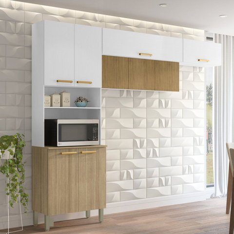 Cozinha Compacta Modulada 3 Peças 9 Portas sem Balcão Urbane Branco/Freijó/Supremo