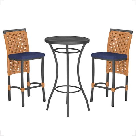 Mesa Bistrô e 2 Banquetas Roma Preta Corda Náutica Estofado 10 Trama Original