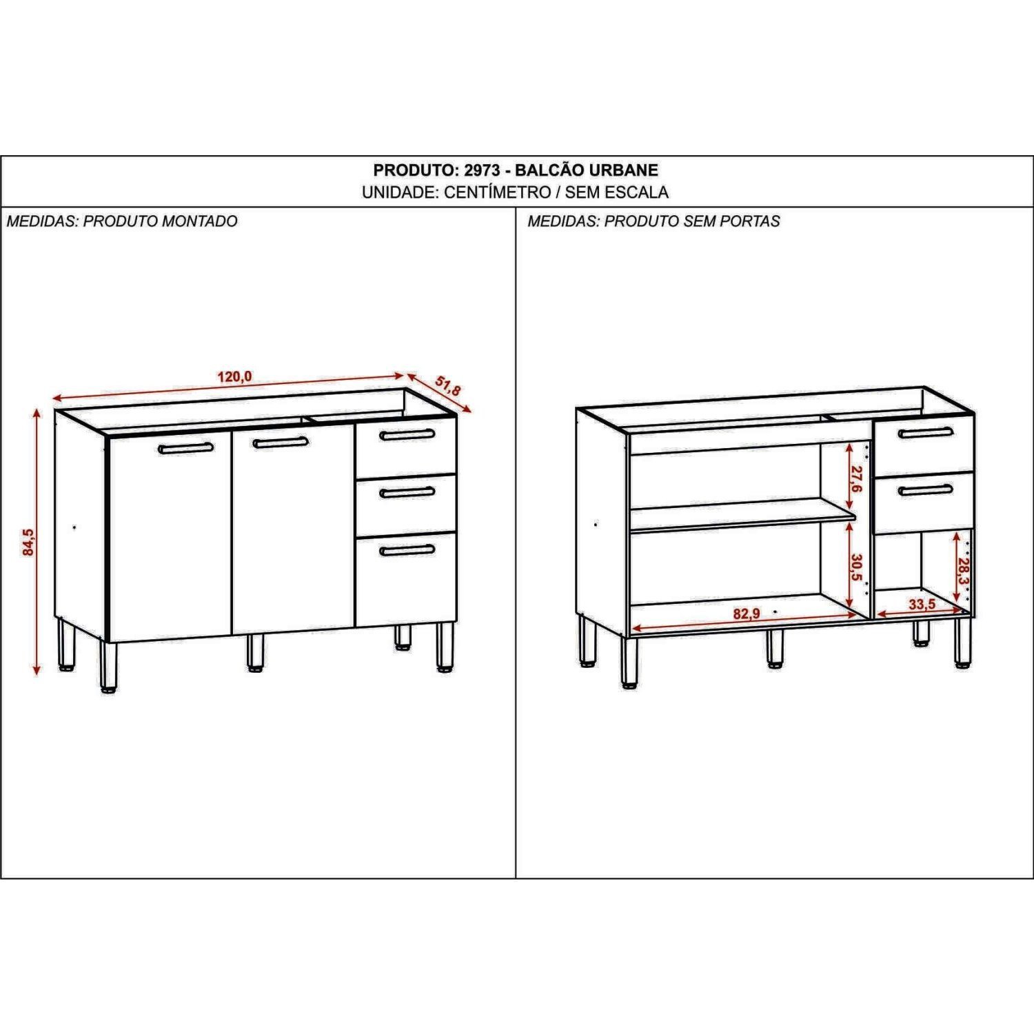 Balcão para Cozinha sem Tampo 2 Portas 2 Gavetas Lumini - 4