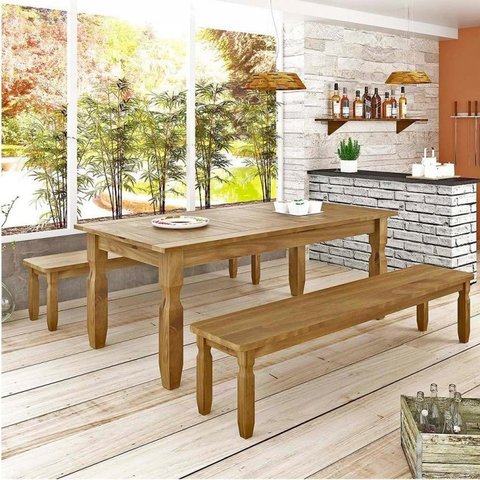 Conjunto Mesa 1,82m e 2 Bancos Rústico Corona Ideal P/ Area Externa Madeira Maciça 
