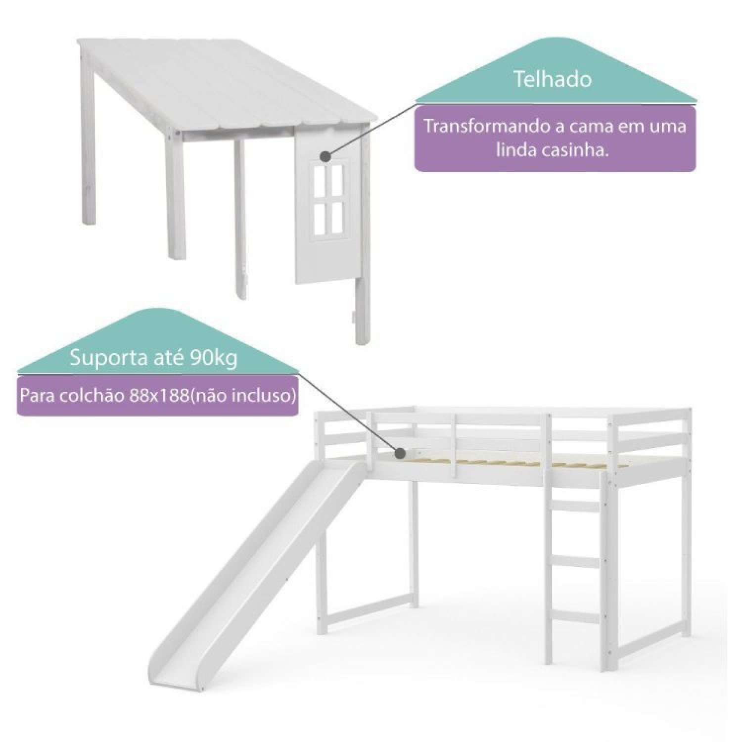 Cama Infantil com Escorregador Prime Alta II Telhado II Casatema - 5