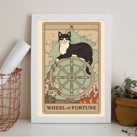 Quadro Decorativo Carta Tarot Roda da Fortuna gato 24x18cm:madeira Branca