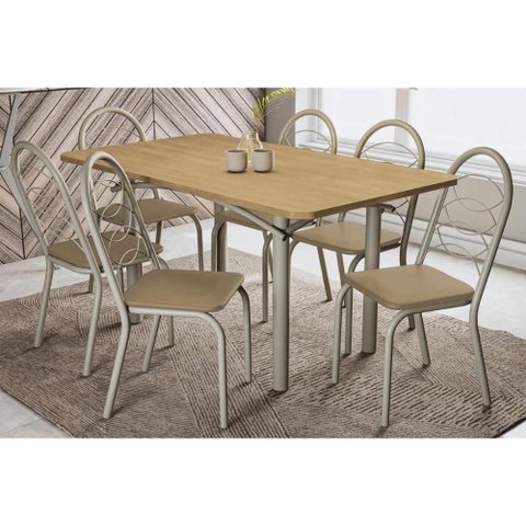 Sala de Jantar Completa Elba C/ Tampo de Madeira 160cm e 6 Cadeiras Noruega Niquel/nogueira -