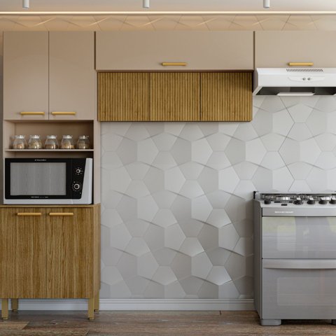 Cozinha Compacta Modulada 3 Peças 9 Portas sem Balcão Urbane Bege/Freijó/Vanilla/Ripado