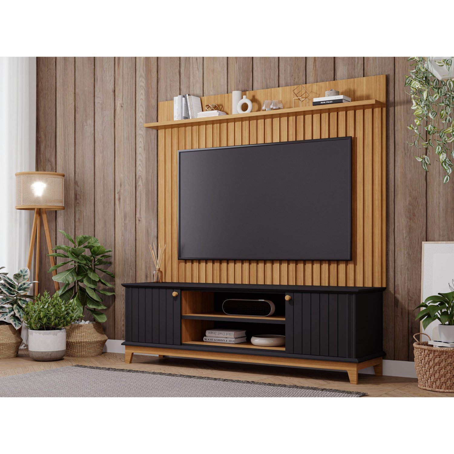 Rack 2 Portas e Painel Ripado Para TV até 70 Polegadas Porto Espresso ...