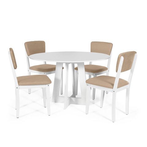 Mesa de Jantar Redonda Montreal Branca com 4 Cadeiras Estofadas Ella Branco/bege