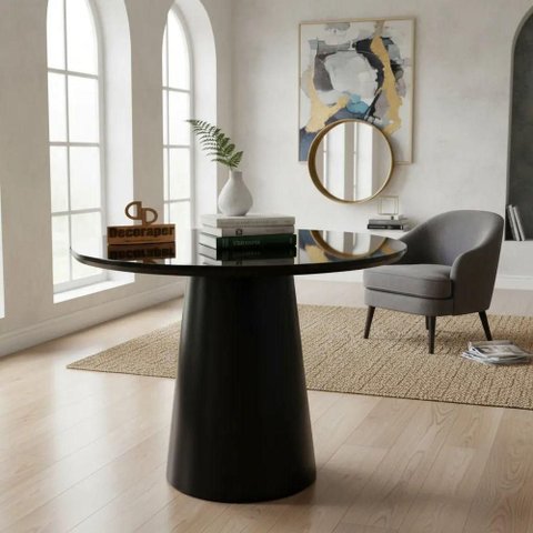 Mesa de Canto Cone Laqueado Redondo Vidro MDF Madeira 60cm Preto