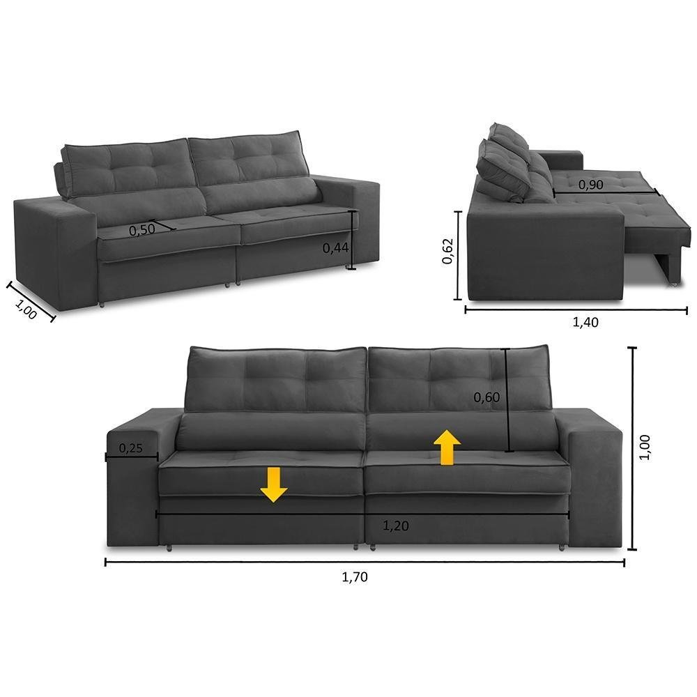 Sofá Retrátil e Reclinável 2 Lugares 1,70m com Molas Mirela Suede Cinza Adonai Estofados - 2