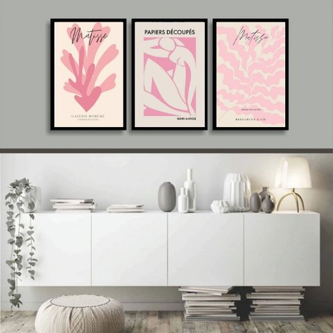 Kit 3 Quadros Artes Matisse Fashion Rosa 45x34cm - com Vidro:moldura Preta