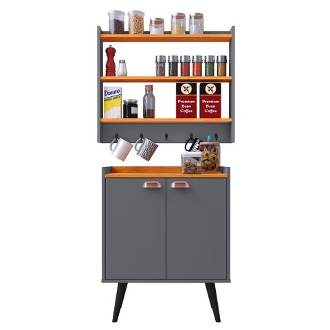 Kit Aparador Buffet Retrô Armário Suspenso Prateleiras Ganchos Cozinha Pequena - Cinza/cinamomo