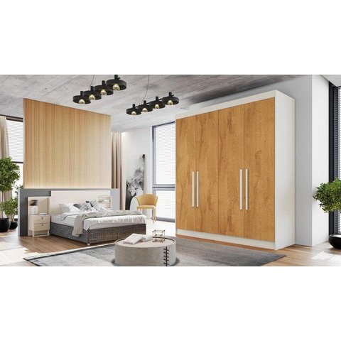 Guarda Roupa Solteiro 4 Portas 3 Gavetas 100% MDF Nantes Bege/Off White/Peróba