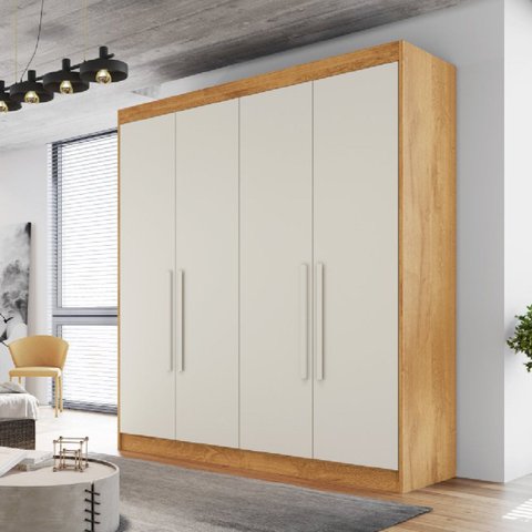 Guarda Roupa Solteiro 4 Portas 3 Gavetas 100% MDF Nantes Marrom/Peróba/Off White