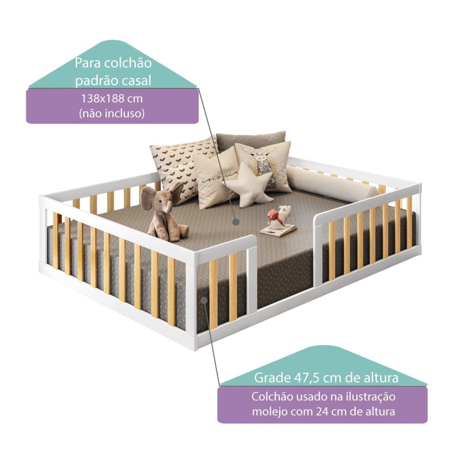 Cama Montessoriana Casal Giulia Madeira Maciça e MDF com Grade Casatema - 4