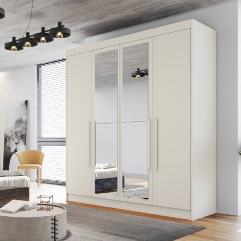 Guarda Roupa Solteiro com Espelho 4 Portas 3 Gavetas Nantes Bege/Off White