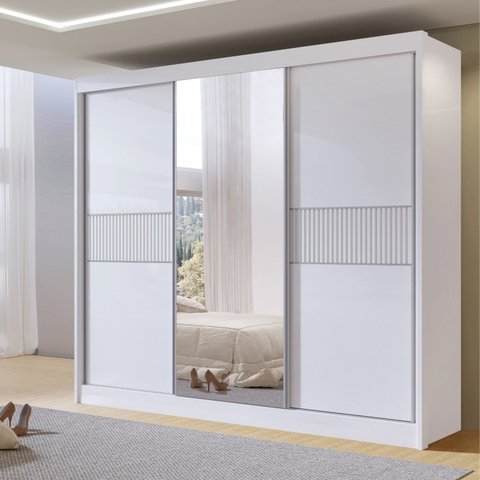 Guarda-Roupa Casal Ripado 3 Portas de Correr com Espelho 100% MDF Cristal Branco