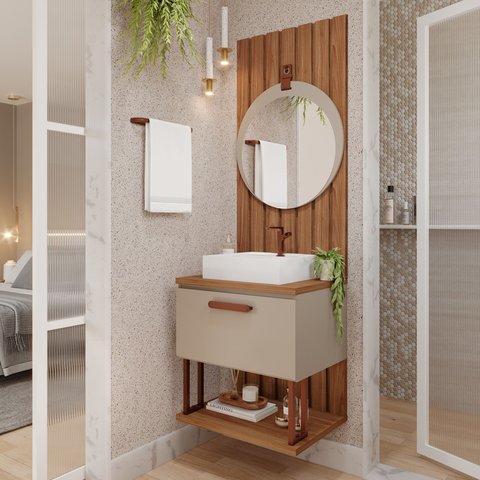 Gabinete Suspenso com Cuba, Painel Ripado e Espelheira 60cm Mari Espresso Móveis