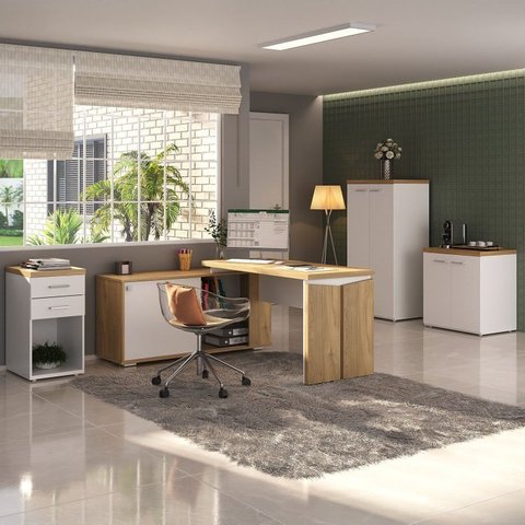 Conjunto 4 Peças Mesa em L Armário Alto Baixo Gaveteiro Smart Olmo Branco