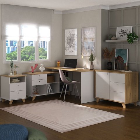Conjunto 3 Peças 1 Escrivaninha em L Gold 1 Balcão Lugano 1 Gaveteiro Day Olmo Branco