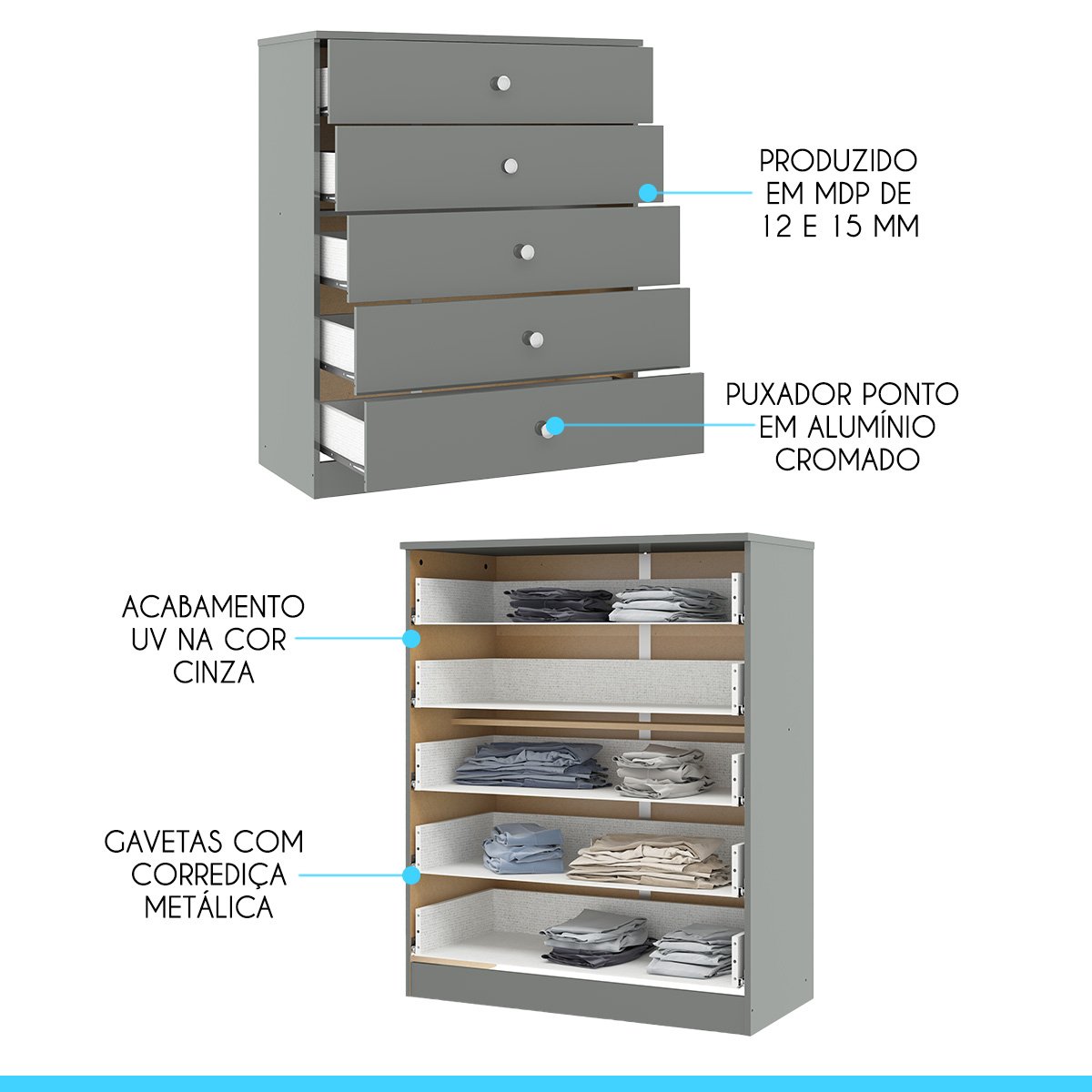 Gaveteiro com 5 Gavetas para Quarto 75x91cm Cinza 6505 - 3