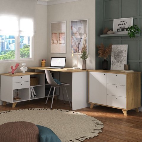 Conjunto 2 Peças Escrivaninha em L Gold com Balcão Lugano Olmo Branco