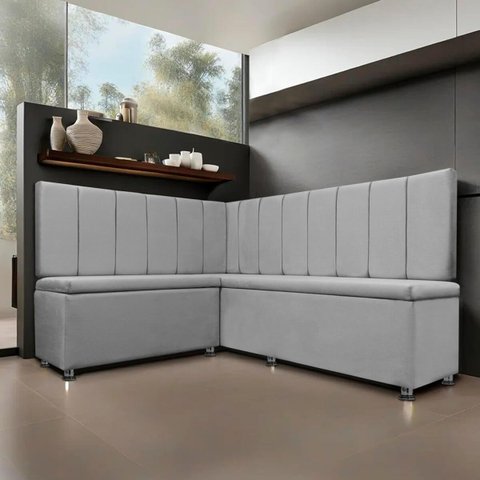 Conjunto Canto Alemão com Bau para Bar Lanchonete Liso Cinza Claro 125x160cm Sofa Store