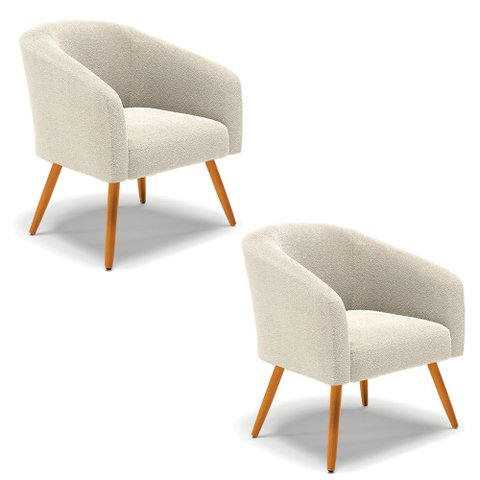 Kit 2 Poltronas Stella Bouclê Bege Pés Palito Castanho - D'Rossi