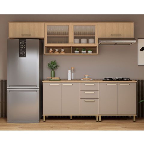 Cozinha Compacta 100 Mdf 5 Peças com Tampo e Vidro Canelado 280cm Duna Luciane Móveis
