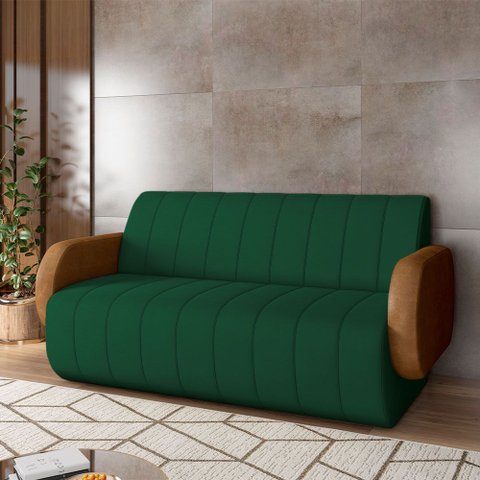 Sofá Decorativo Living Sala de Estar Bornéu 148cm Pés de Madeira Pu/veludo Caramelo/verde G33 - Gran