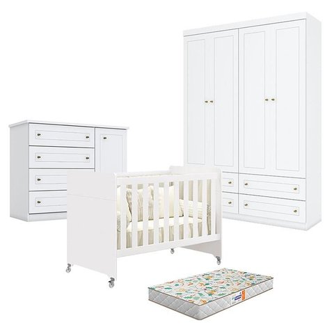 Quarto de Bebê Americano 4 Portas com Berço Americano Evolution 4 em 1 Branco Acetinado Reller e Col