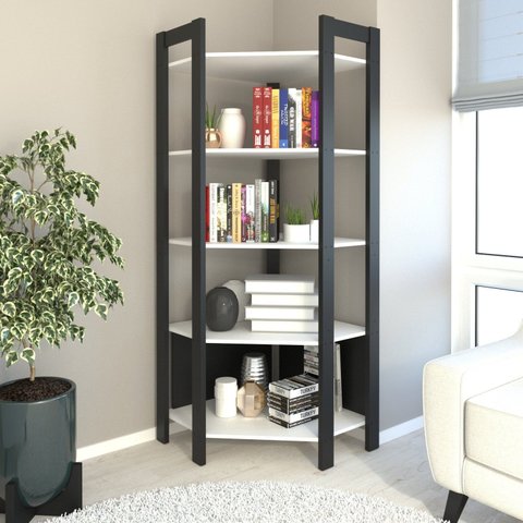 Estante de Livros 65CMX184,7cm Multiuso de Canto Haia com 5 Prateleiras Yescasa Branco/Preto