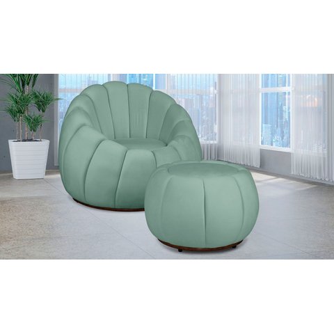 Kit Poltrona c/ Puff Concha Veludo Acqua