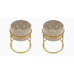 Kit 2 Puff Banqueta Estofado Decorativo Base de Ferro Capitonê Suede Bege Eli Móveis e Decoração - 1