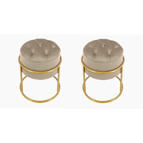 Kit 2 Puff Banqueta Estofado Decorativo Base de Ferro Capitonê Suede Bege Eli Móveis e Decoração