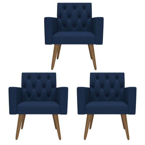 Kit 3 Poltronas Capitonê Sala Recepção Poltronas Decorativas Azul-marinho