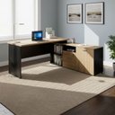 Ver imagem 1 de Mesa L Escritório Diretor 150cm a 170cm Pés Metal Mac Pr F5 Cor:macadâmia com Preto