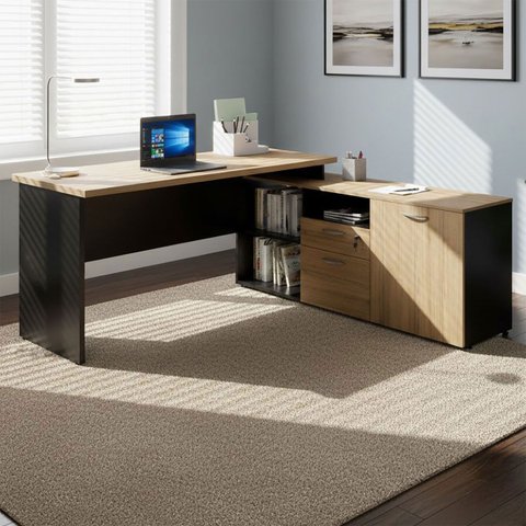 Mesa L Escritório Diretor 150cm a 170cm Pés Metal Mac Pr F5 Cor:macadâmia com Preto